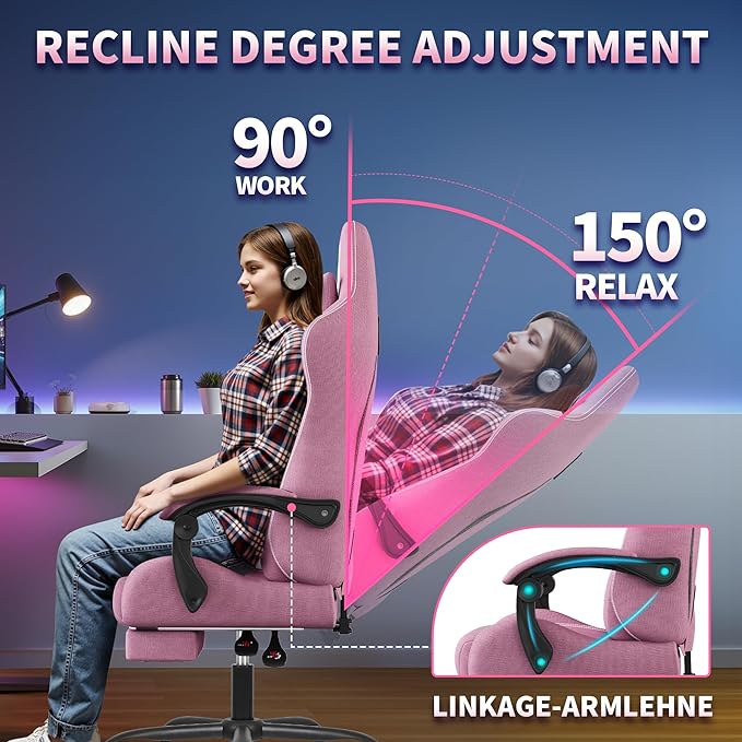 SITMOD Fabric Gaming Chair with Footrest-Breathable Computer Chair with Headrest &amp Lumbar PillowBig and Tall Ergonomic Gamer Chair for Heavy Adults22.44 Deep Seat Gaming Chairs for Adults(Pink)
