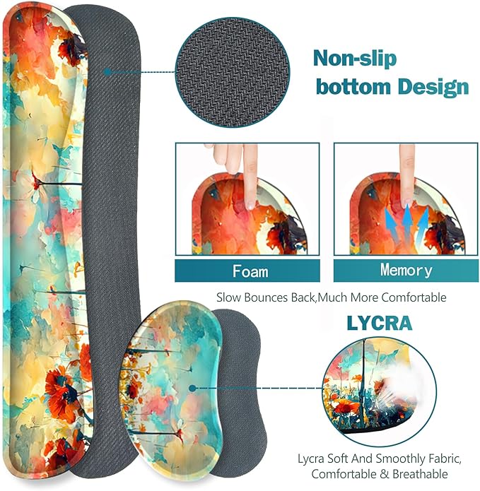 ARTSO Gaming Mouse Pad Wrist Support Set XXL Large Desk Mat Mousepad + Keyboard Wrist Support+ Mouse Wrist Rest+Coaster 4in1 Ergonomic Stitched Edge for Home Office -Oil Painting Flowers Plants