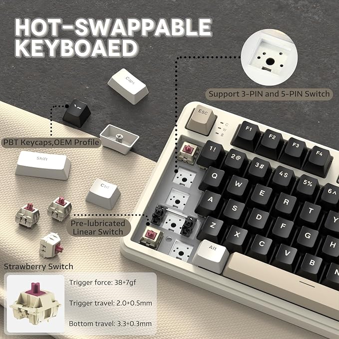 ATTACK SHARK X87 Wireless Mechanical Keyboard87 Keys Compact TKL Gasket Gaming KeyboardHot Swappable Custom Keyboard with Five-Layer PaddingFull RGB2.4G/USB-C/BTPre-lubed Switches (Retro White)