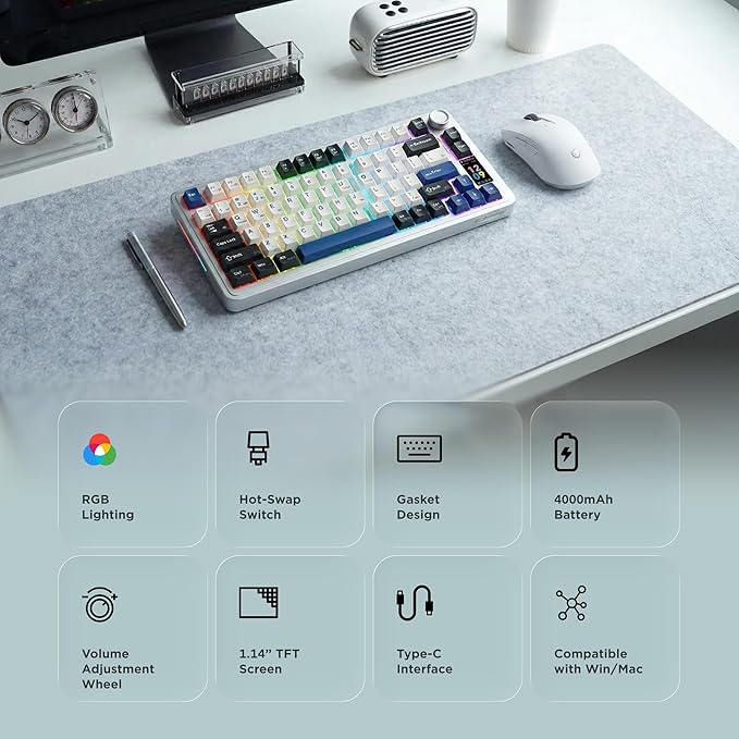 Quell Pro 75% Wireless Mechanical Gaming Keyboard – Hot Swappable Pre-Lubed Switches Creamy Typing Sound Smart Screen &amp Control Knob RGB Backlit PBT Keycaps Compact Keyboard for PC