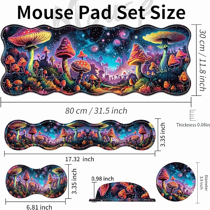 XXL Gaming Mouse Pad Set 31.5x11.8 Large Desk Mat with Keyboard Wrist Rest and Mouse Wrist Cushion Ergonomic Office Mouse Pad for Home &amp Work Non-Slip Extended Desk Pad Beautiful Mushrooms