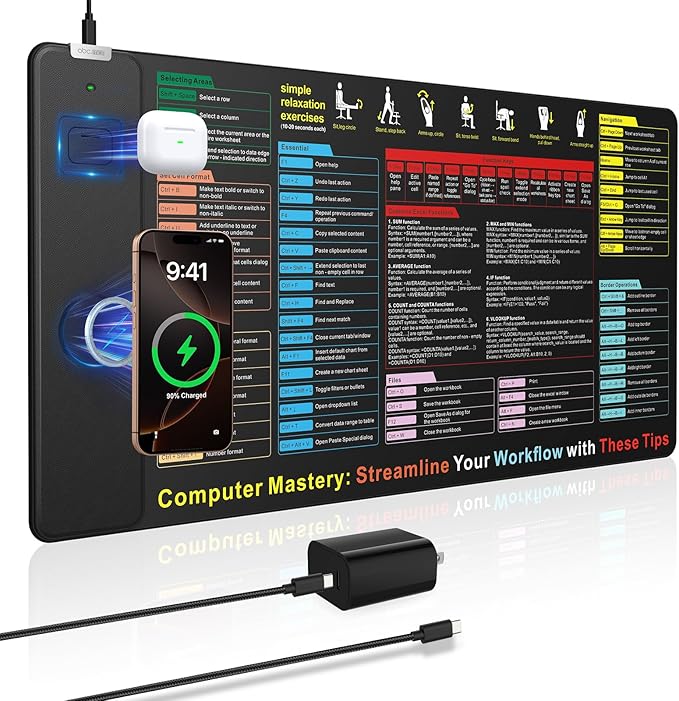 Excel Cheat Sheet Mouse Pad with Wireless Charging 31.5x15.8 Extended Excel Shortcuts Desk Pad Waterproof Ultra-Smooth Keyboard Mat Non-Slip Base with 20W PD Adapter