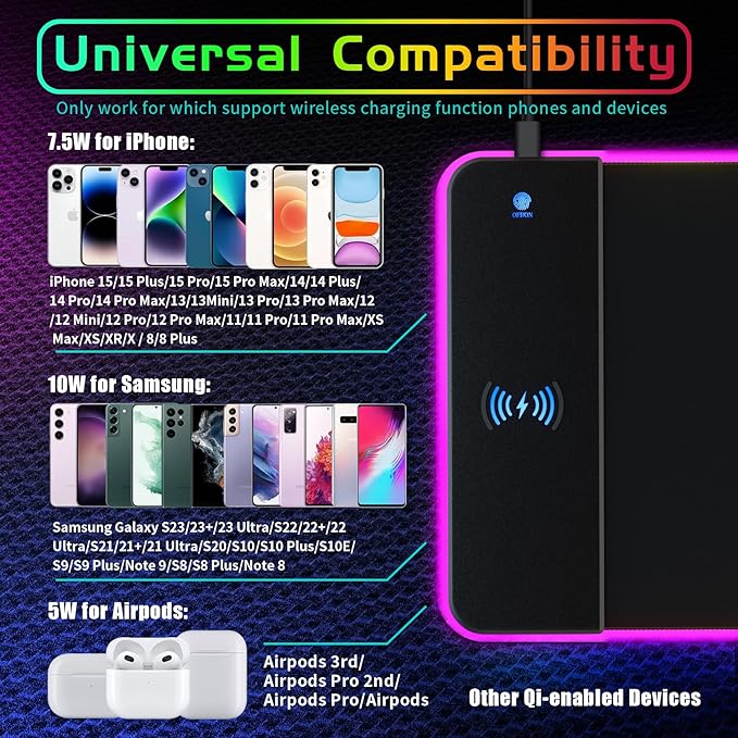 RGB Gaming Mouse Pad With 15W Wireless Charging Extra Large LED Mousepad 14 Light Modes XXL Size Ergonomic Computer Pad Non-Slip Rubber Base for Laptop Gifts for Gamer/Men