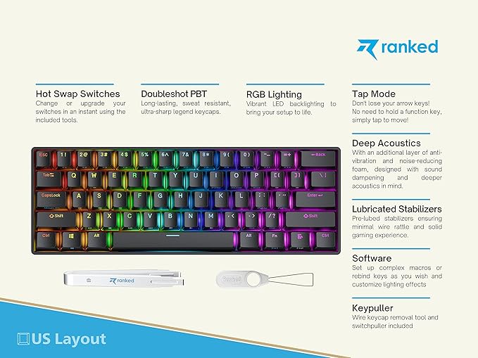 Ranked N60 Nova 60% Form Factor | Hot Swappable Mechanical Gaming Keyboard | 61 Keys Multi Color RGB LED Backlit for PC/Mac Gamer (Black Gateron Pro Red)