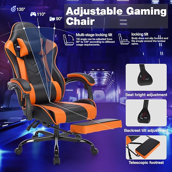 Versatile Gaming Chair with Footrest - Ergonomic Black Orange Leather Model Featuring Headrest &amp Lumbar Support Breathable and Height Adjustable for Ultimate Comfort in Gaming