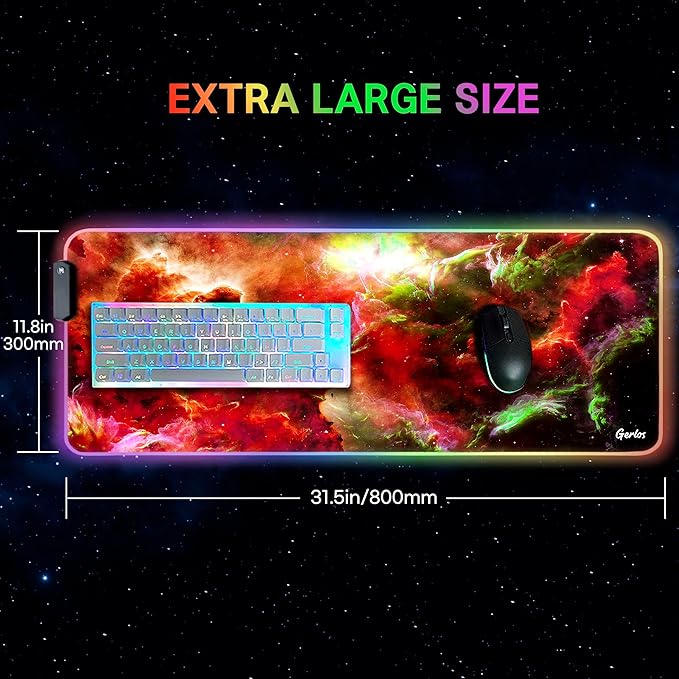 Gerlos RGB Large Gaming Mouse Pad Extended Soft LED Mouse Pad Non-Slip Rubber Base Water Resist Keyboard Pad Computer Mousepad 31.5×11.8 inches