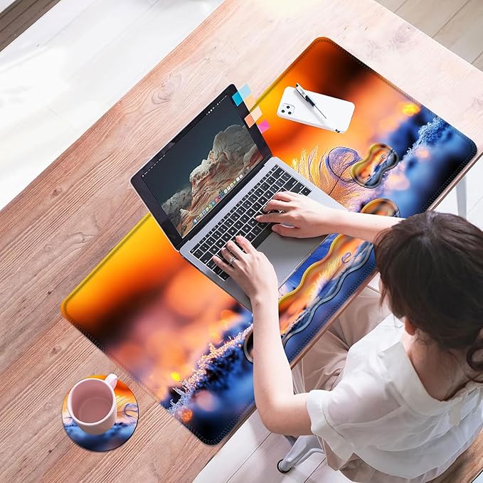 Mouse PadLarge Desk Mat Set 4in1 XL Mousepad + Keyboard Wrist Rest+Mouse Wrist Rest+Coaster with Ergonomic Desk Pad for Home Office Table Computer Cover -Feather at Sunrise