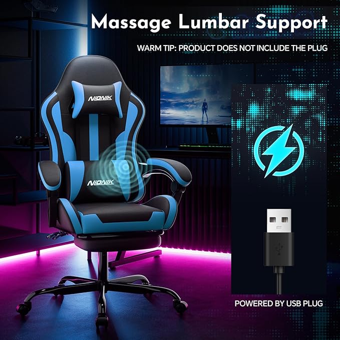 Gaming Chair Ergonomic Computer Chair with Footrest and Lumbar Support Height Adjustable Game Chair with 360°-Swivel Seat and Headrest and for Office or Gaming BlackBlue
