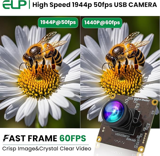ELP 5MP Global Shutter 50fps USB Camera Module for Computer UVC USB2.0 Lightburn Camera for Laser Engraver High Speed 60fps PC Cam Wide Angle Webcamera for Live Streaming (100°no Distortion Lens)