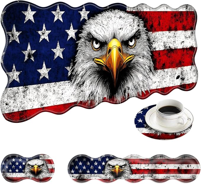 Large Mouse Pad and Keyboard Wrist Rest Desk Pad for Keyboard and Mouse 4-in-1 Large Gaming Mouse Pad with Wrist Support Desk Mat for Home Office Study Game-Bald Eagle American Flag