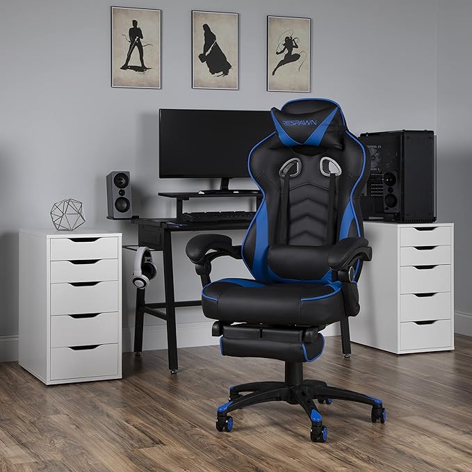 RESPAWN 110 Ergonomic Gaming Chair with Footrest Recliner - Racing Style High Back PC Computer Desk Office Chair - 360 Swivel Adjustable Lumbar Support Headrest Pillow Padded Armrests - 2019 Blue