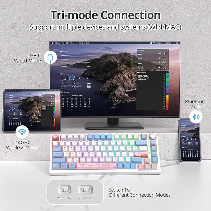 75% Wireless Creamy Pink Mechanical Keyboard Hot Swappable Custom Keyboard RGB Backlit Gasket Gaming Keyboard 2.4G/BT5.0/USB-C Mechanical Keyboard Pre-lubed Linear Gray Cream Switches