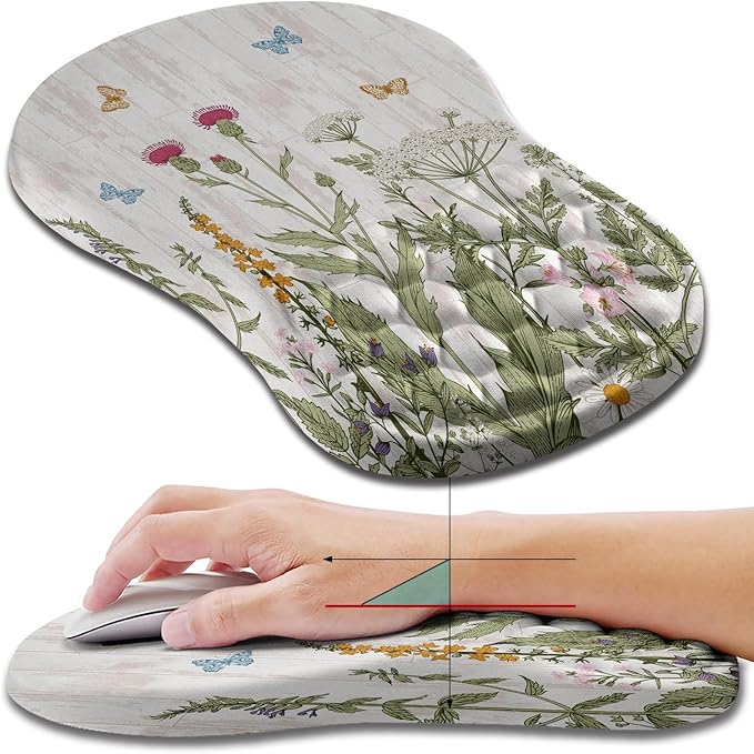 Hokafenle Ergonomic Mouse Pad Wrist Support Wrist Rest Mousepad for Carpal Tunnel Pain Relief with Integrated Memory Foam Slope Massage Bulge (11.8x7.9 inchGarden Flowers