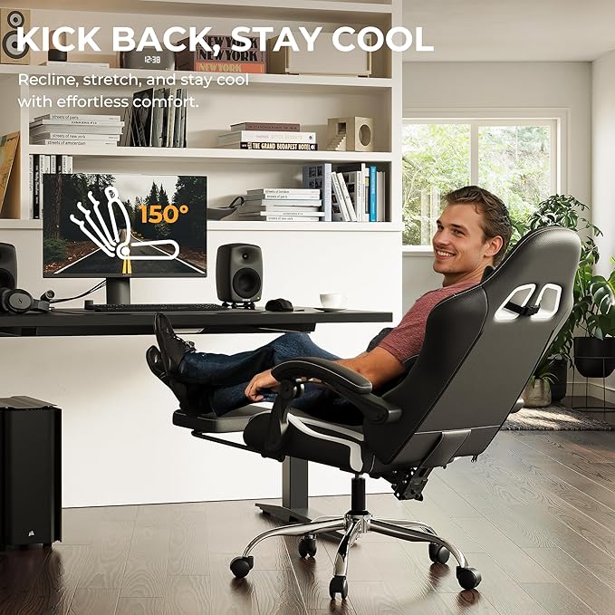 Dowinx Ergonomic Gaming Chair with Footrest Heavy Duty 330lbs Office Chair Massage Lumbar Support Adjustable Height &amp Headrest Pillow Comfortable for Back Pain Relief Streaming Long Gaming Whi