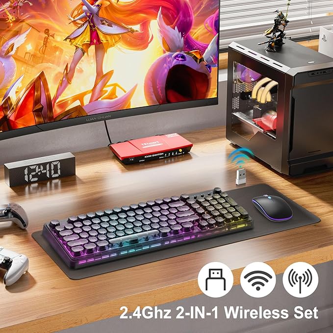 Black Light Up Keyboard and Mouse WirelessCute 2.4Ghz Cordless Rechargeable Transparent Backlit Keyboard15 Backlight EffectsVolume KnobRGB Mouse with 3 DPI for Mac Computer PC Laptop Desktop iPad