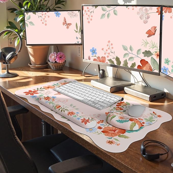 Pink Desk Cover Mat Ergonomic Mouse Pad with Wrist Support Girly Aesthetic Office Stuff Scalloped Floral Desk Protector for Office Must-Haves Work