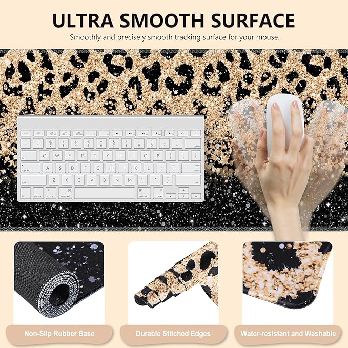iLeadon Mouse Pad Set Desk Mat + Mouse Pad with Wrist Rest + Keyboard Wrist Rest + Coaster 4in1 Leopard Mouse and Keyboard Pad Set for Home Office Black Gold Leopard