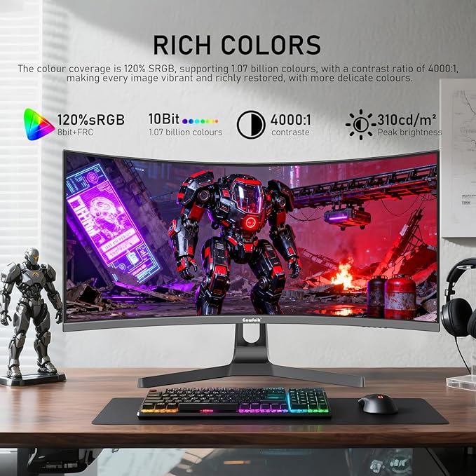 Gawfolk 34 Inch Ultrawide Curved 180Hz Gaming Computer Monitor1500R PC Screen 21:9 UWQHD (3440x1440)120% sRGBAdaptive Sync178° Viewing AngleDisplay Port、HDMICompatible with Wall mounting -Black