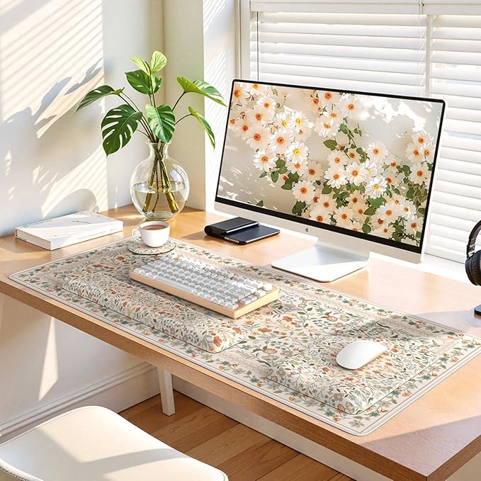 iLeadon Ergonomic Mouse Pad with Wrist Rest Non Slip Mouse and Keyboard Pad Cute Desk Pad Mat Sets Extra Large Desk Cover Mat with Coaster for Women Home Office (Beige)