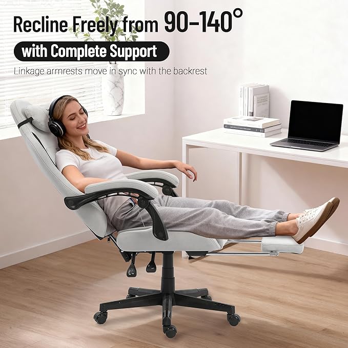 Big and Tall Gaming Chair Fabric with Pocket Spring Cushion High Back Heavy Duty Gaming Chairs for Adults with Massage Lumbar Support Ergonomic Computer Chair with Footrest for 400LBS Gray