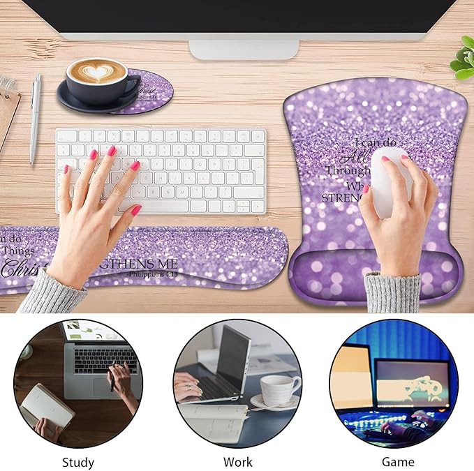 Keyboard Wrist Support + Wrist Mousepad + Coaster Combination Non-Slip PU Base with Gel Memory Mousepad Suitable for Gaming Office Pain Relief Mousepad Set - Purple Glitter Quote Philippians 4-13