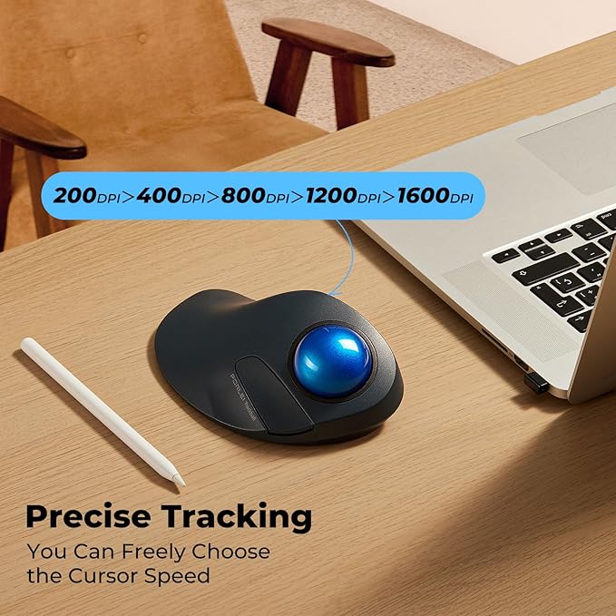 Wireless Trackball Mouse for Large Hands Ergonomic Index Finger Control Rechargeable Bluetooth/USB Mouse with Precise Smooth Tracking Multi-Device Connection for Windows &amp Mac Dark Blue