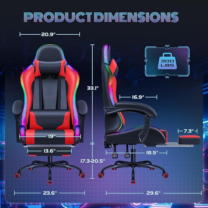 Furmax Gaming Chair with RGB LED Lights Video Game Chair with Footrest and Massage Lumbar Support High Back Reclining Computer Chair with Headrest Swivel Seat Gamer Chair (LED Red)