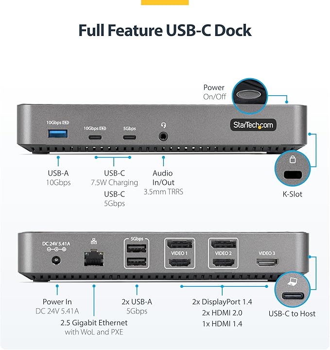 StarTech.com USB-C Triple Monitor Docking Station for MacBook Pro / Air M1 M2 M3 M4 &amp Windows Universal 4K HDMI DP Dock Thunderbolt Compatible 100W Laptop Charging (116N-USBC-DOCK)