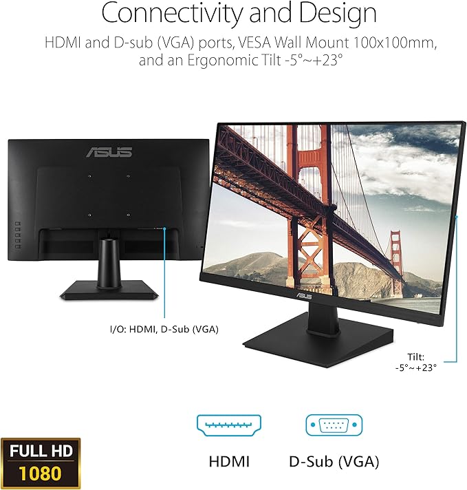 ASUS 27 Inch Desktop Monitor - Full HD (1920 x 1080) IPS 75Hz Adaptive-Sync HDMI D-Sub Frameless - VA27EHE