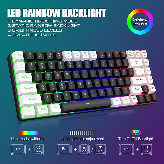 RedThunder K84 Wireless Keyboard and Mouse Combo Rainbow Backlit Rechargeable Battery 75% Layout TKL Ultra Compact Gaming Keyboard &amp Lightweight 3200 DPI Honeycomb Optical Mouse (Black-White)