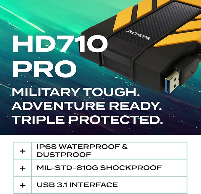 ADATA HD710 Pro - 1 TB External Hard Drive - Shockproof Waterproof &amp Dustproof - Durable Storage - For Gamers Students &amp Professionals - Mac PC &amp Linux Compatible - Yellow - AHD710P-1TU