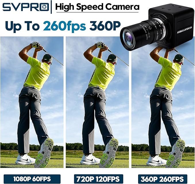 SVPRO 260fps High Speed Glof Swing Camera 1080P 60fps Manual Focus Computer Webcam with 5-50mm Lens 10X Optical Zoom Close-ups for Windows Linux MacOS Android Raspberry Pi