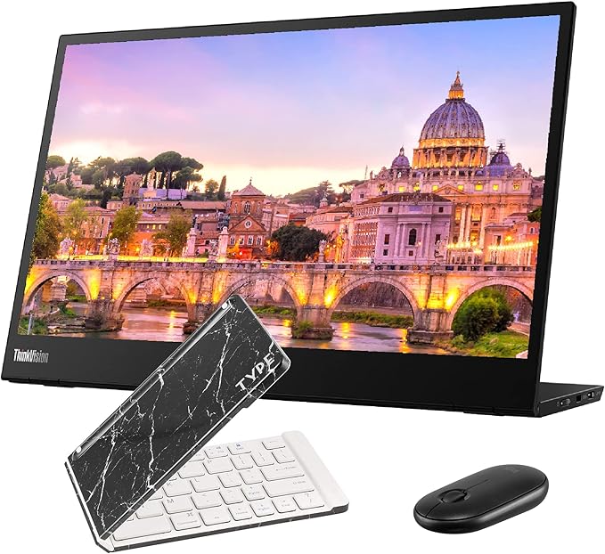Lenovo ThinkVision M14 14 Inch 1920 x 1080y IPS 2 USB Type-C Portable Travel Monitor Bundle with Black Marble Bluetooth Folding Wireless Keyboard and Black Pebble M355 Bluetooth Wireless Mouse