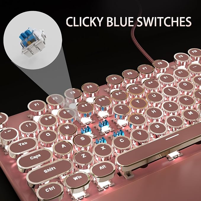 Camiysn Typewriter Style Mechanical Gaming Keyboard Pink Retro Punk Gaming Keyboard with White Backlit 104 Keys Blue Switch Wired Cute Keyboards Round Keycaps for Windows/Mac/PC