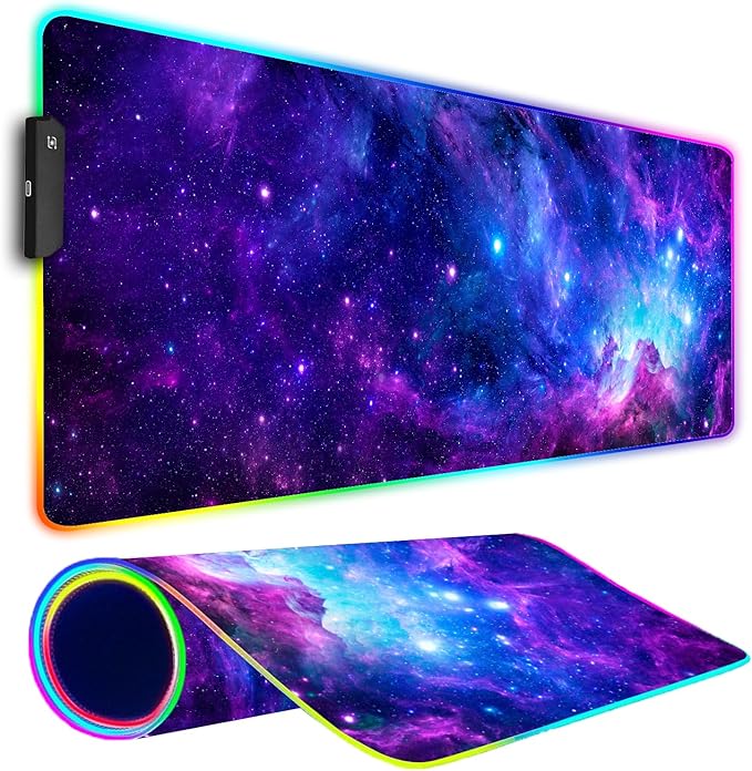 RGB Gaming Mouse Pad Large Mousepad with Led Light Gaming Accessories Keyboard Pad for Desk Non-Slip Rubber Base Big Mouse Mat for Gamer 31.5 X 11.8 Inch Purple Galaxy