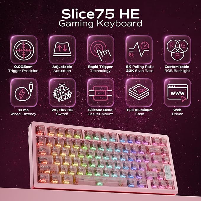 Mechanical Keyboard Chilkey Slice75 HE Gaming Keyboard Wired 75% Hall Effect Magnetic Aluminum Keyboard with WS Flux HE Clacky Switch Rapid Trigger 8K Polling Per-Key RGB Custom PC/Mac Support