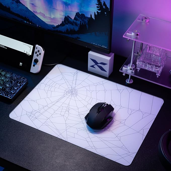 XVX Glass Mousepad for Gaming White Spider Webs Hard Gaming Mouse Pad Professional Large Mouse Mat 410mm*310mm Special Glass Surface with Improved Precision and Speed