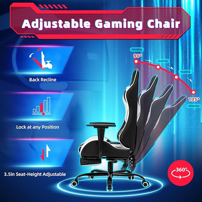 ECOTOUGE PC Massage Gaming Chair with Footrest Ergonomic Office Desk Chair Racing PU Leather Recliner Swivel Rocker with Headrest and Lumbar PillowWhite