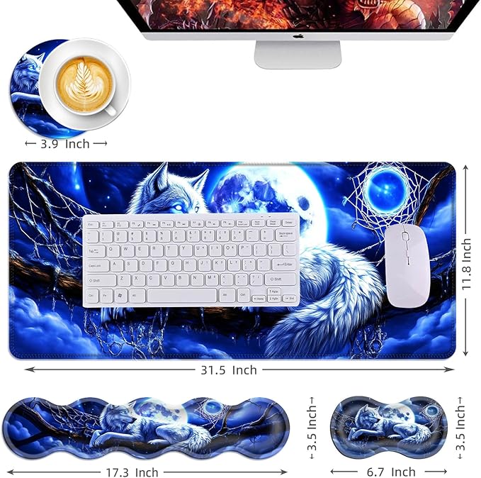 Mouse PadLarge Desk Mat Set 4in1 XL Mousepad + Keyboard Wrist Rest+Mouse Wrist Rest+Coaster with Ergonomic Desk Pad for Home Office Table Computer Cover -Wolf Moon Dreamcatcher