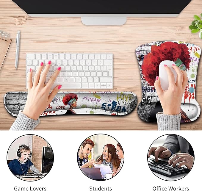 Ergonomic Mouse Pad Wrist Support Gel and Keyboard Wrist Rest Set African Graffiti Girls with Red Hair Design for Laptop Gaming and Office Comfortable and Pain Relief + Coaster