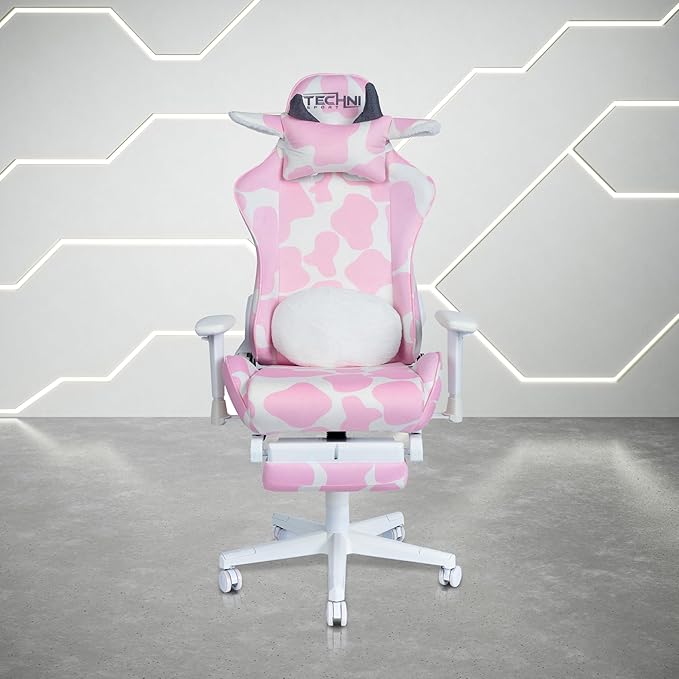 Techni Sport Gaming Chair - Pink Cow Print - Ergonomic Computer Chair with Fold-Away Footrest Memory Foam Lumbar Support Adjustable Armrests Reclining Back Horns &amp Ears Pillow 300 lbs Capaci