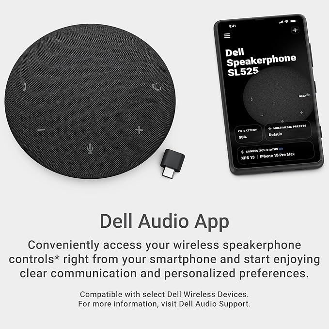 Dell Pro Plus Wireless Speakerphone - SL525 - USB-C Zoom/Microsoft Teams Certified Wired/Wireless Bluetooth 5.3 Omni-Directional AI-Based Noise Cancellation