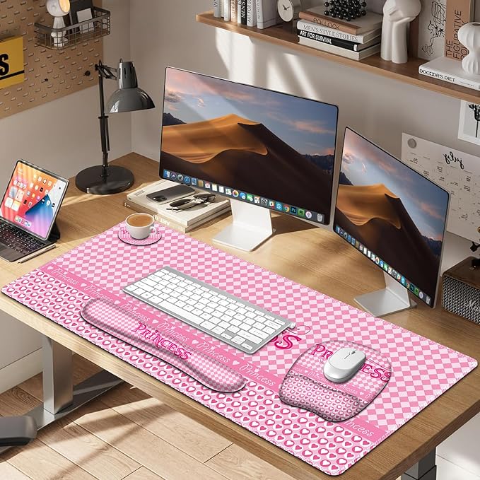 Mouse Pad with Wrist Support 4 in1 Set XXL Big Game Mousepad + Keyboard Wrist Rest + Mouse Wrist Rest Pad +Coaster Gaming Mat for Home Office Work Computer Laptop I Pink Checkered Princess Girl