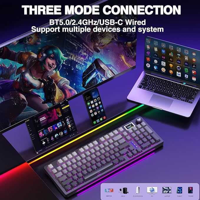 AULA S98 Pro Wireless Mechanical Keyboard with Screen &amp Knob2.4GHz/USB-C/BT5.0 Hot Swappable Creamy KeyboardPre-lubed Linear SwitchesSide Printed PBT KeycapsRGB Backlit Gaming Keyboards