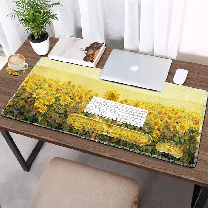 AIMSA Keyboard Mouse Pad Wrist Rest Extended Gaming Mouse Pad +Wrist Support Ergonomic Memory FoamXXL Large Mousepad 4Pcs (35×15.7 in) Desk Mat Sunflower Oil Painting