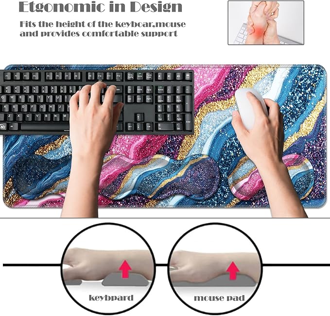 Ergonomic Keyboard Wrist Rest &amp Mouse Pad Wrist Rest SetXL Gaming Desk Mat 31.5x 11.8Non-Slip BaseMemory FoamEasy Typing Pain Relief for Office &amp HomePink Blue Gold Glitter