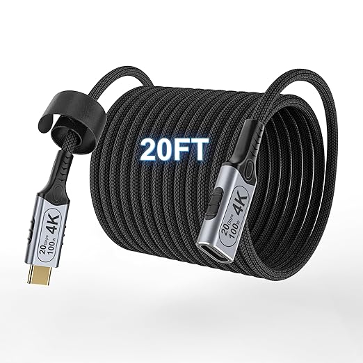 USB c Braided Data Extension Cable 20ft/6M USB c Extension Cable 20 gbps Data Transfer/100W Fast Charging/Video Output at 4K@60Hz for MonitorUSB Male to usbc-c Female Cable