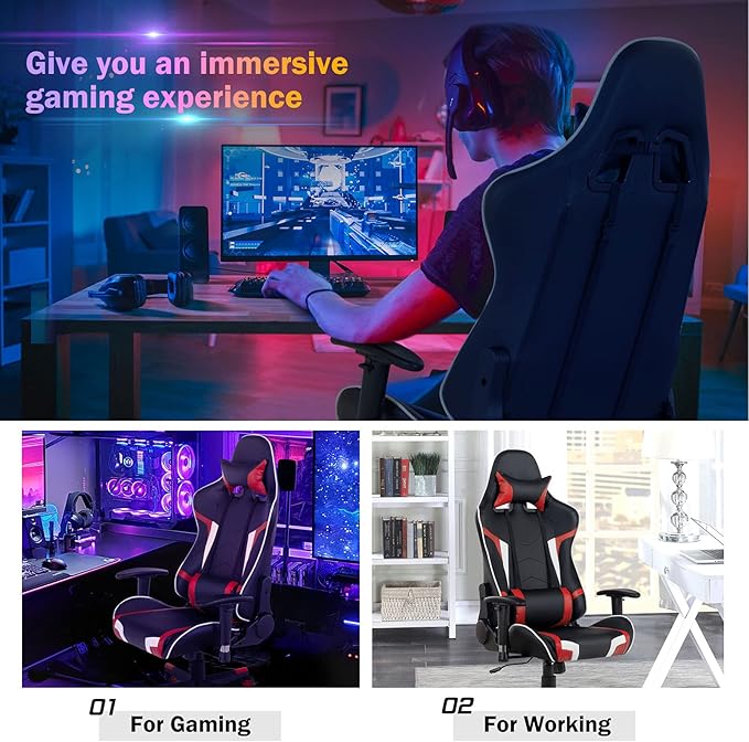 GYMAX Gaming Chair Massage Gaming Chairs for Adults with Headrest Lumbar Support &amp Armrest Video Computer Reclining Gaming Chair Office Desk Gamer Task Chair (Red)