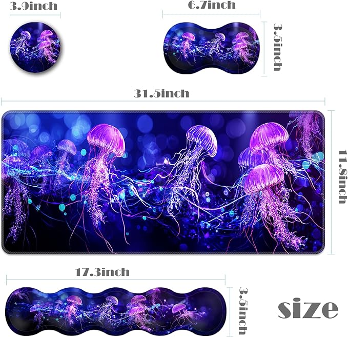 Ergonomic Keyboard Wrist Rest &amp Mouse Pad Wrist Rest SetXL Gaming Desk Mat 31.5x 11.8Non-Slip BaseMemory FoamEasy Typing Pain Relief for Office &amp HomeNeon Purple Jellyfish