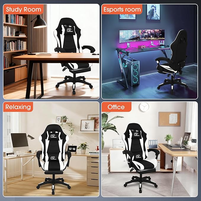 Gaming Chair Office Chair Reclining High-Back PU Leather Computer Desk Chair with Headrest and Lumbar Support suitable for gaming chairs office storage office shelving and more（Black+White）